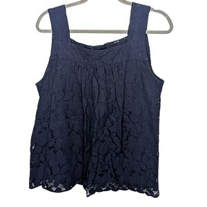 New York & Company Navy Blue Lace Tank Top Sleeveless Floral Overlay Size L